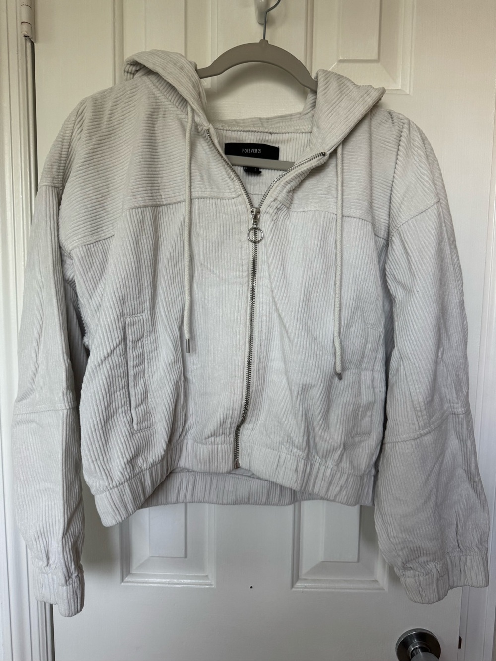 Forever 21 Off-White Corduroy Hooded Zip Bomber Jacket